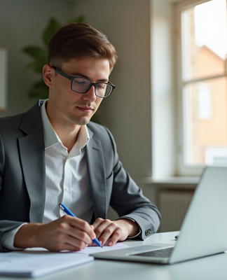 Calculer facilement le salaire net pour 2500 euros brut Jeune professionnel travaillant sur un calcul de salaire à son bureau lumineux