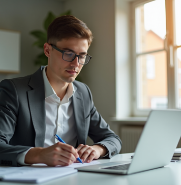 Jeune professionnel travaillant sur un calcul de salaire à son bureau lumineux