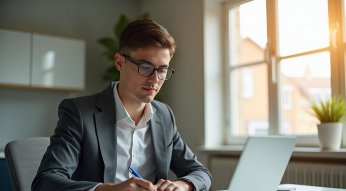 Jeune professionnel travaillant sur un calcul de salaire à son bureau lumineux