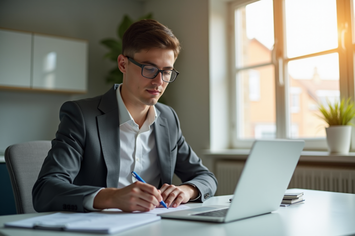 jeune-professionnel-calculs-salaire Jeune professionnel travaillant sur un calcul de salaire à son bureau lumineux
