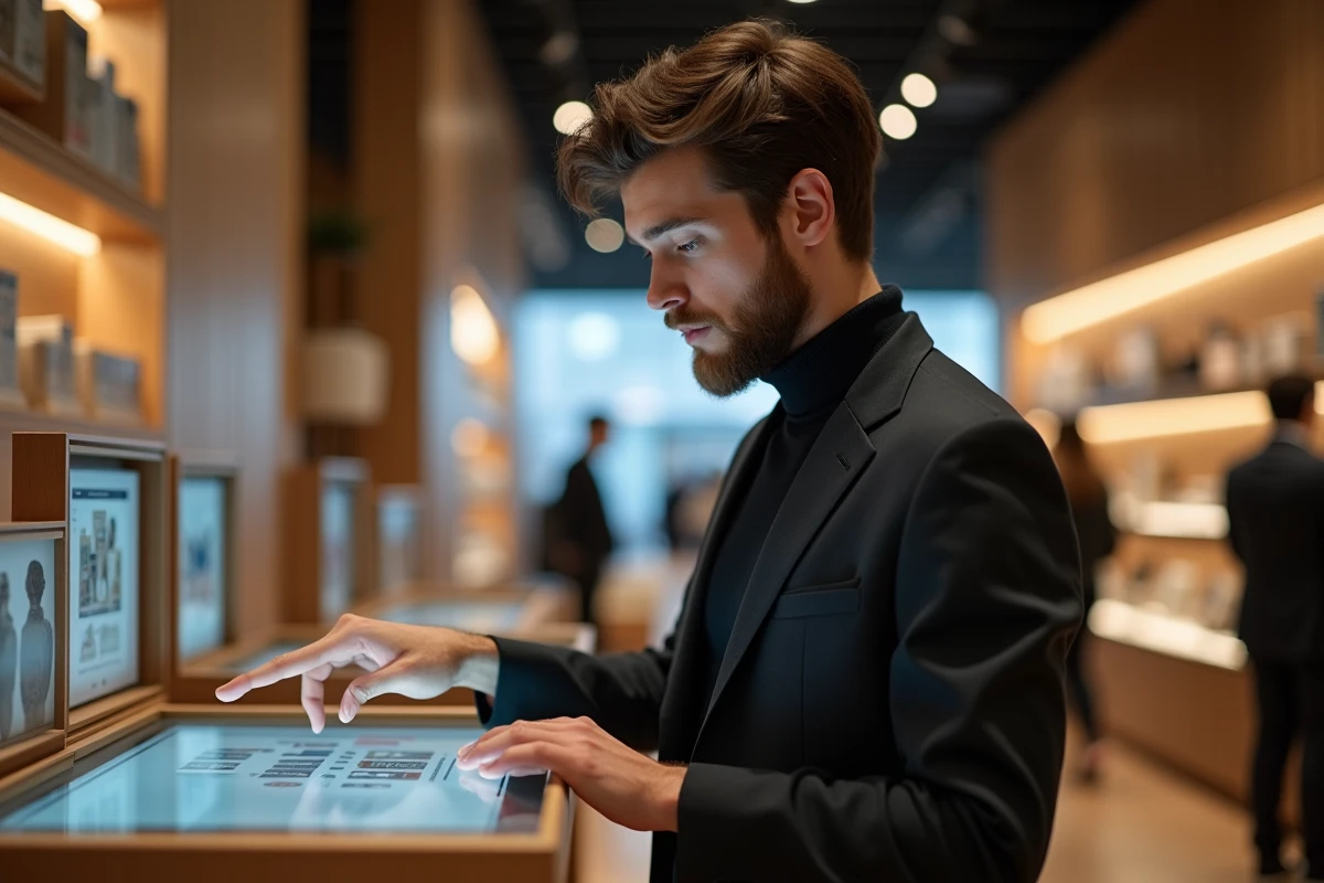 Jeune homme créatif utilisant un écran tactile dans une boutique