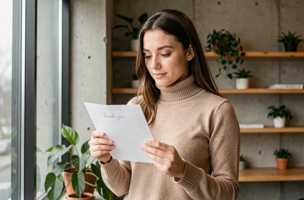 Jeune professionnelle lisant une lettre de remerciements dans un espace de coworking minimaliste