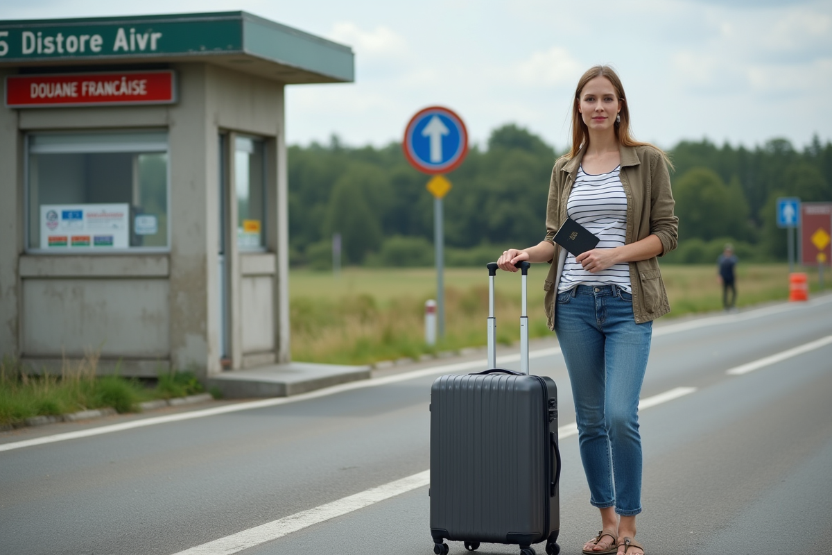 Jeune voyageuse attendant à la frontière avec valise et passeport