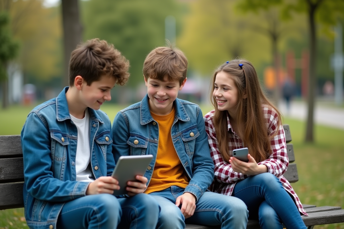 Trois adolescents souriants partageant une tablette dans un parc