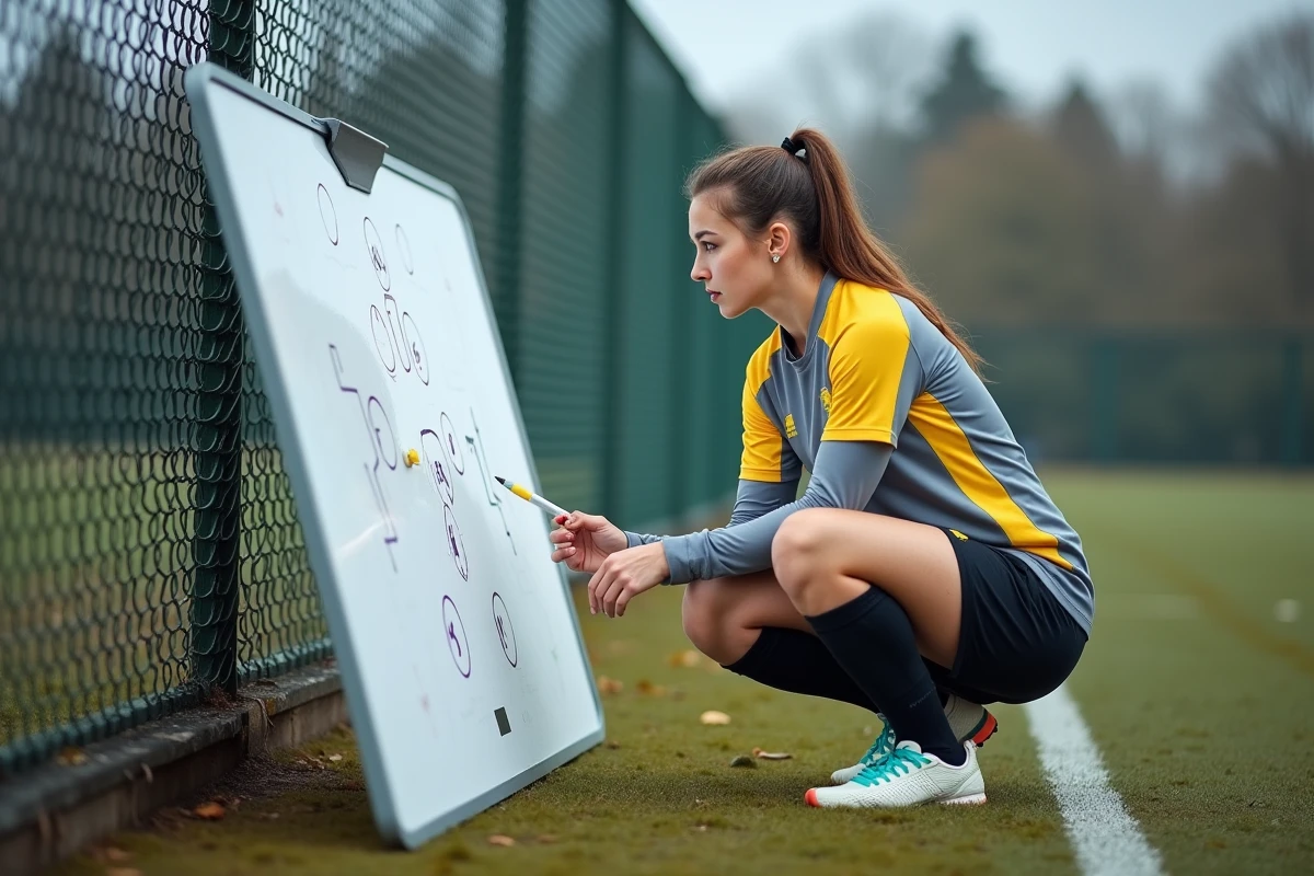 Joueuse analysant un tableau tactique en bord de terrain lors d'une session d'entraînement automnale