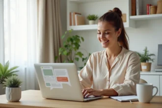Femme utilisant le live chat sur son ordinateur portable dans un bureau minimaliste pour améliorer l'expérience client en e-commerce
