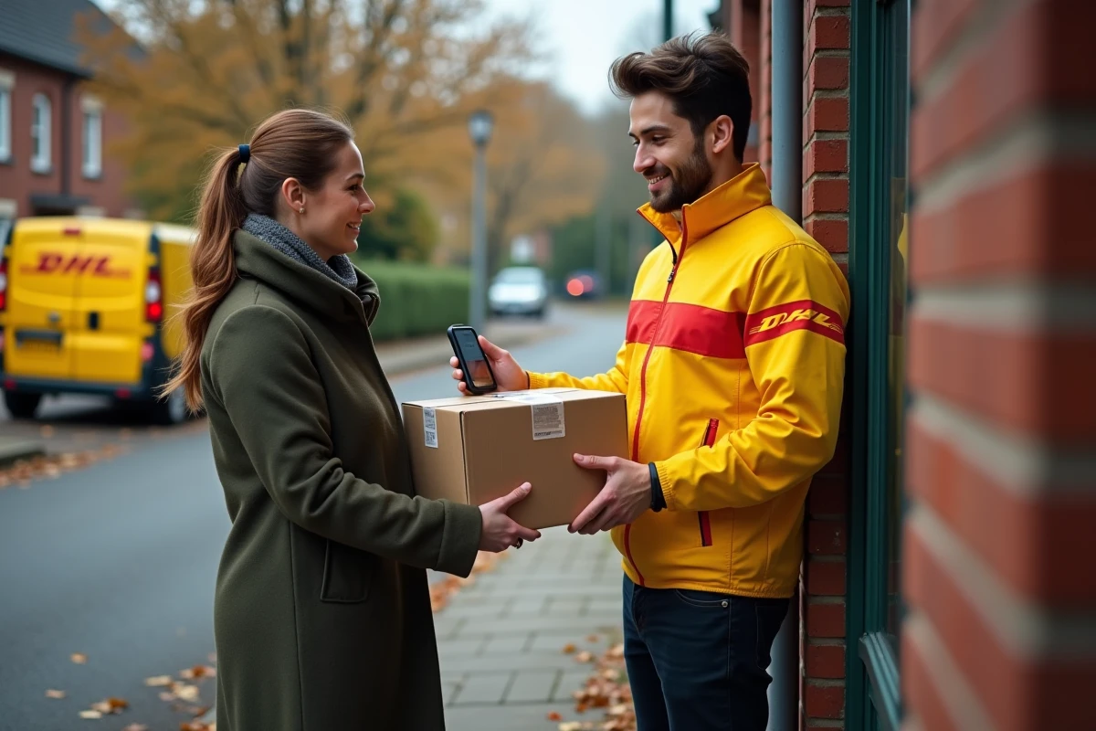 Livreur DHL remettant un colis à une cliente devant sa maison lors d'une livraison eCommerce