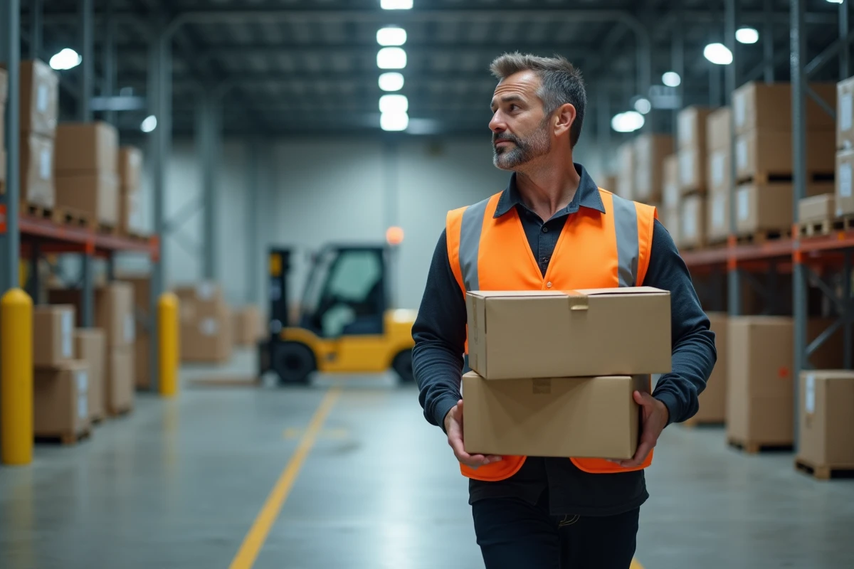 Livreur indépendant portant des colis dans un entrepôt logistique avec gilet réfléchissant illustrant le portage salarial ou la micro-entreprise