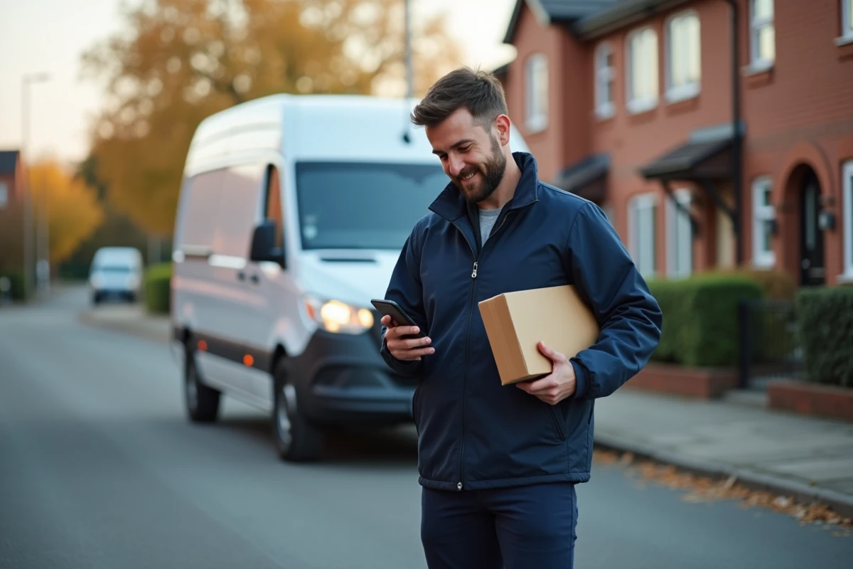 Livreur indépendant Amazon debout près de son utilitaire blanc consultant son téléphone avec un colis sous le bras dans une rue résidentielle