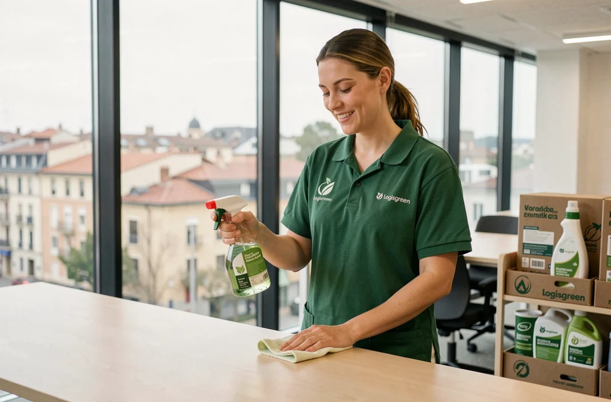 Agente Logisgreen nettoyant un bureau avec des produits écologiques dans un espace de coworking à Toulouse