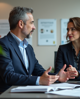 Obligations de l’employeur : principales responsabilités en France Manager français en bureau avec employée en discussion