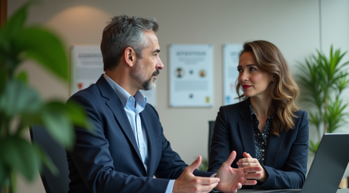 Manager français en bureau avec employée en discussion