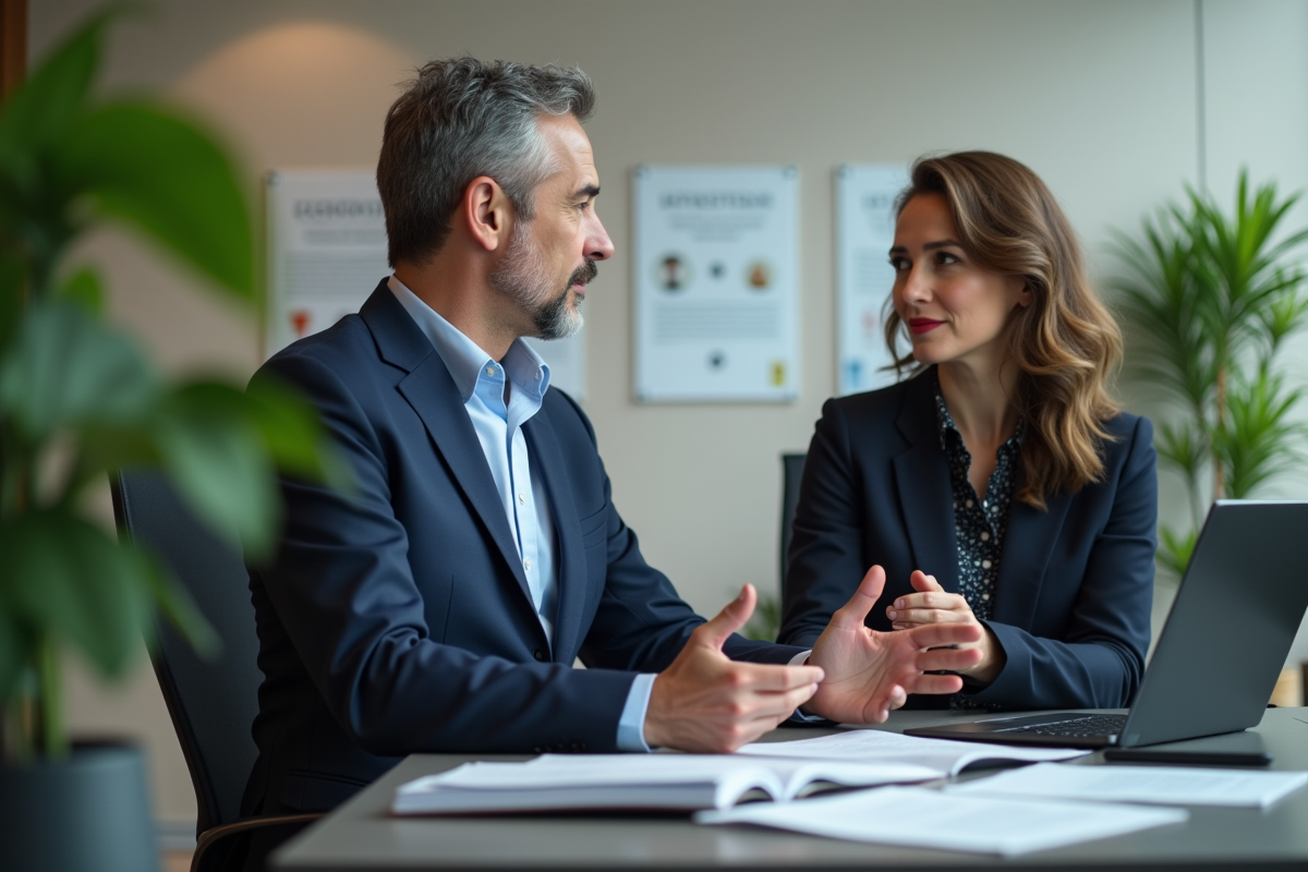 Manager français en bureau avec employée en discussion