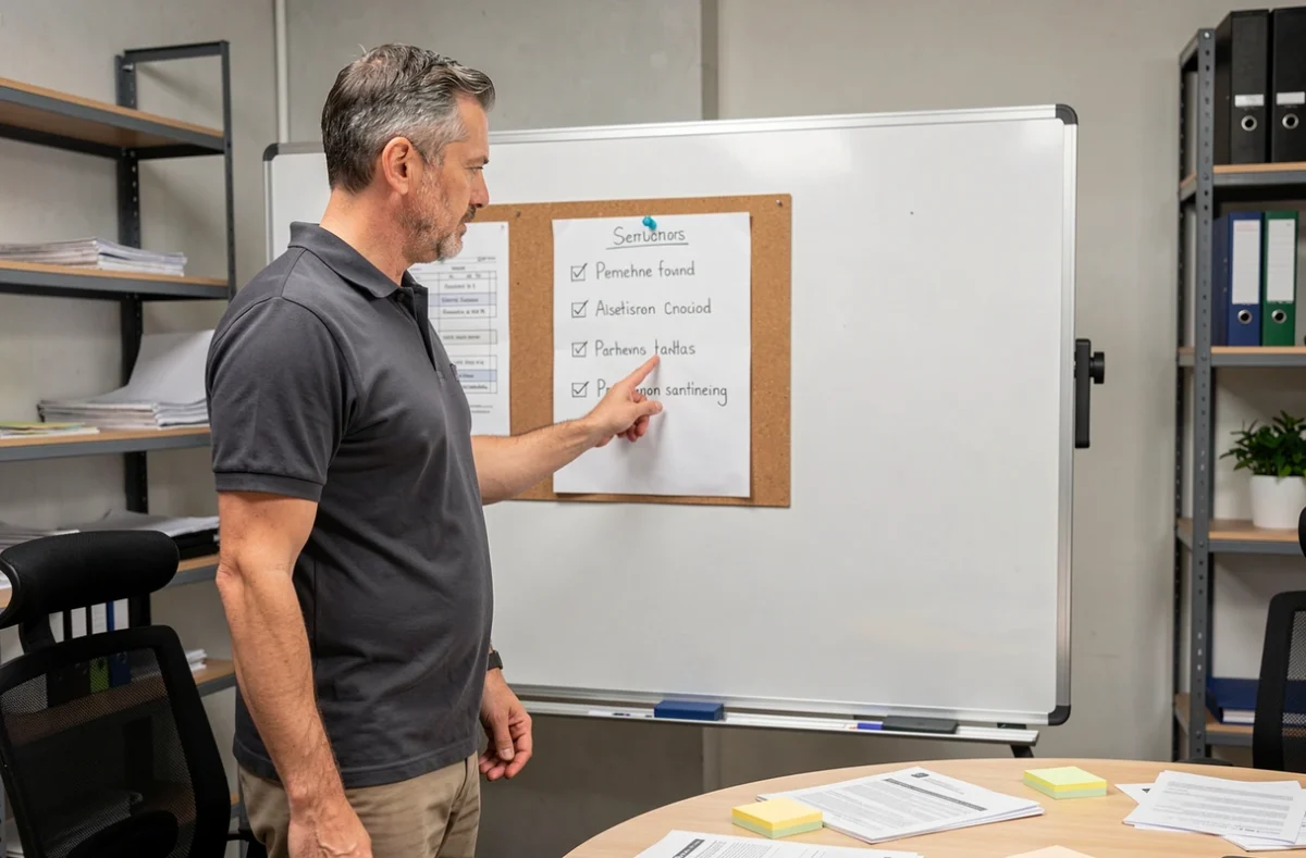 Manager debout devant un tableau blanc présentant une méthode en cinq points dans une salle de réunion