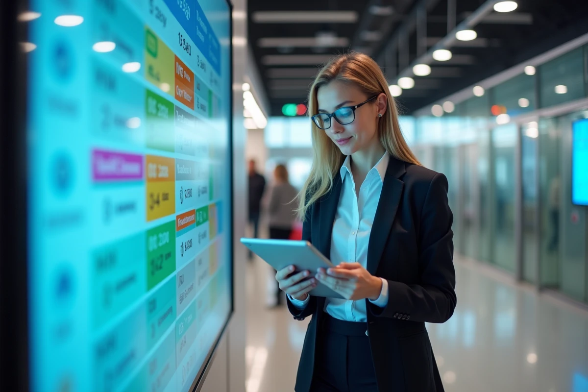 Jeune manager vérifiant un planning sur une tablette dans un bureau