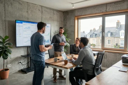 Équipe d'une agence SEO bretonne travaillant sur des tableaux de bord d'analyse dans un bureau moderne avec vue sur les toits bretons