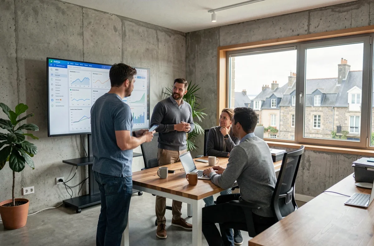 Équipe d'une agence SEO bretonne travaillant sur des tableaux de bord d'analyse dans un bureau moderne avec vue sur les toits bretons