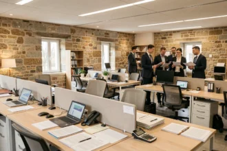 Vue d'ensemble d'un cabinet d'expertise comptable en Vendée avec des professionnels travaillant dans un espace moderne