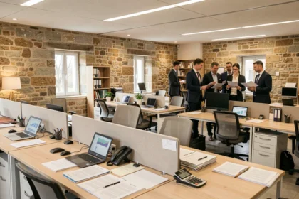 Vue d'ensemble d'un cabinet d'expertise comptable en Vendée avec des professionnels travaillant dans un espace moderne