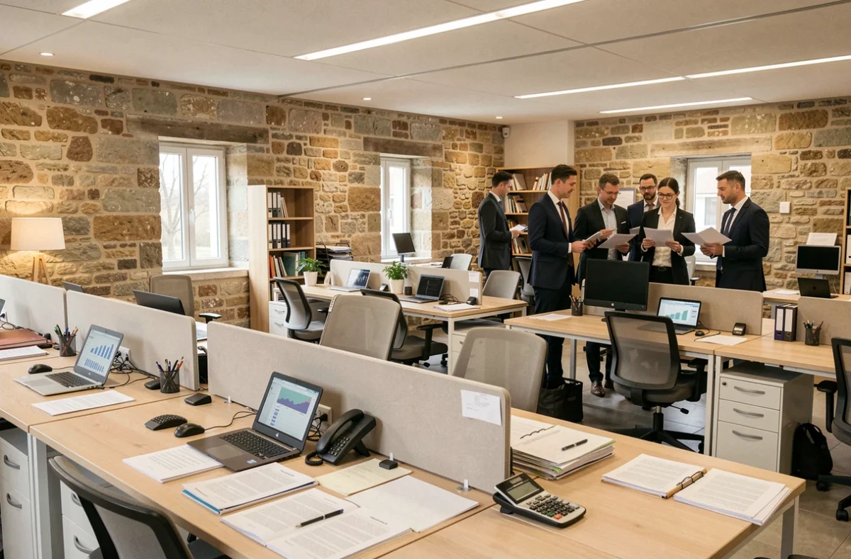 Vue d'ensemble d'un cabinet d'expertise comptable en Vendée avec des professionnels travaillant dans un espace moderne