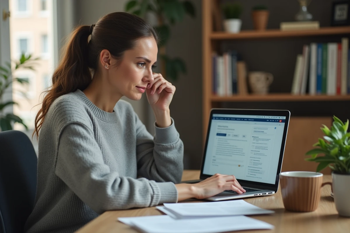 Micro-entrepreneuse remplissant un formulaire administratif sur son ordinateur portable dans un bureau à domicile pour obtenir un numéro DUNS