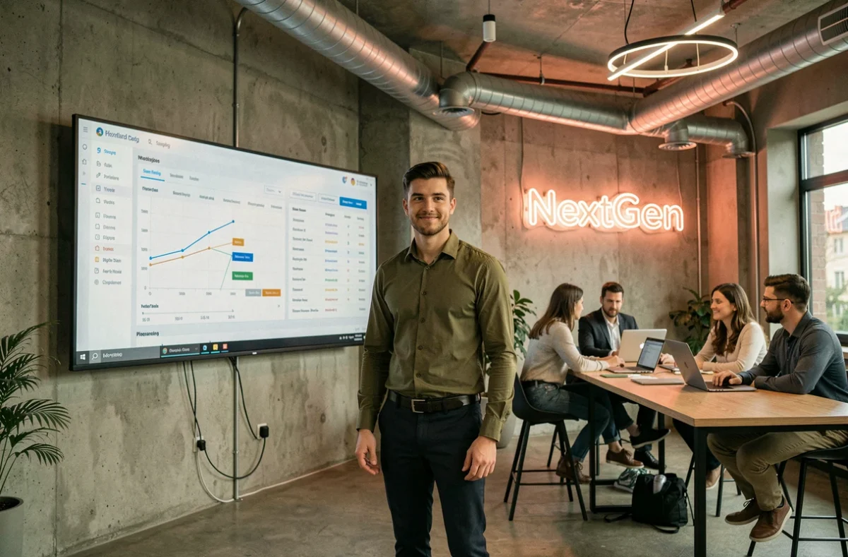 Recruteur NextGen RH présentant des données de pipeline candidats dans un espace de travail innovant