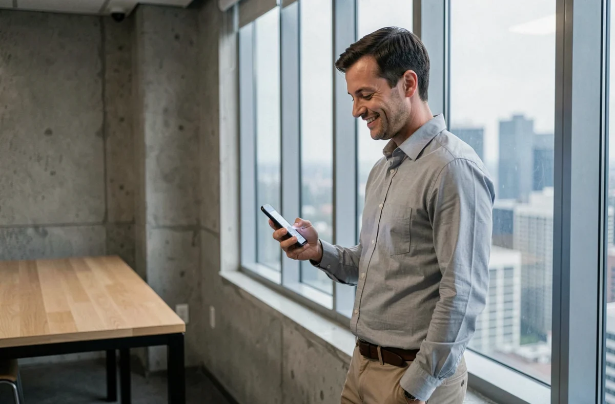 Nouvel employé activant ses droits CSE sur smartphone dans un espace de pause de bureau contemporain