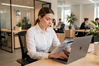 Nouvelle employée consultant son compte CSE sur un ordinateur portable lors de son premier jour dans un bureau moderne