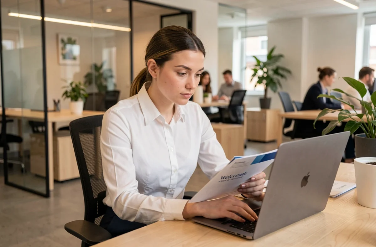 Nouvelle employée consultant son compte CSE sur un ordinateur portable lors de son premier jour dans un bureau moderne