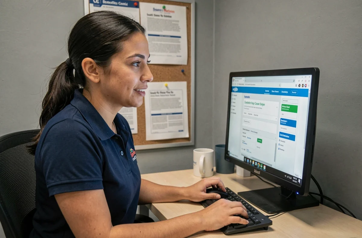 Nouvelle embauchée accédant à la plateforme Loxam CE sur un ordinateur de bureau dans un espace de travail d'entreprise