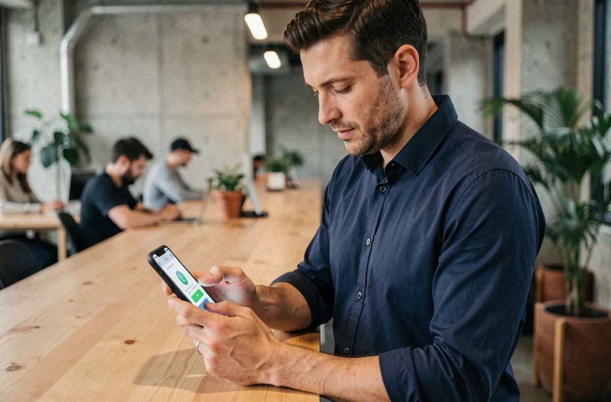 Homme professionnel configurant un numéro virtuel sur son smartphone dans un espace de coworking moderne