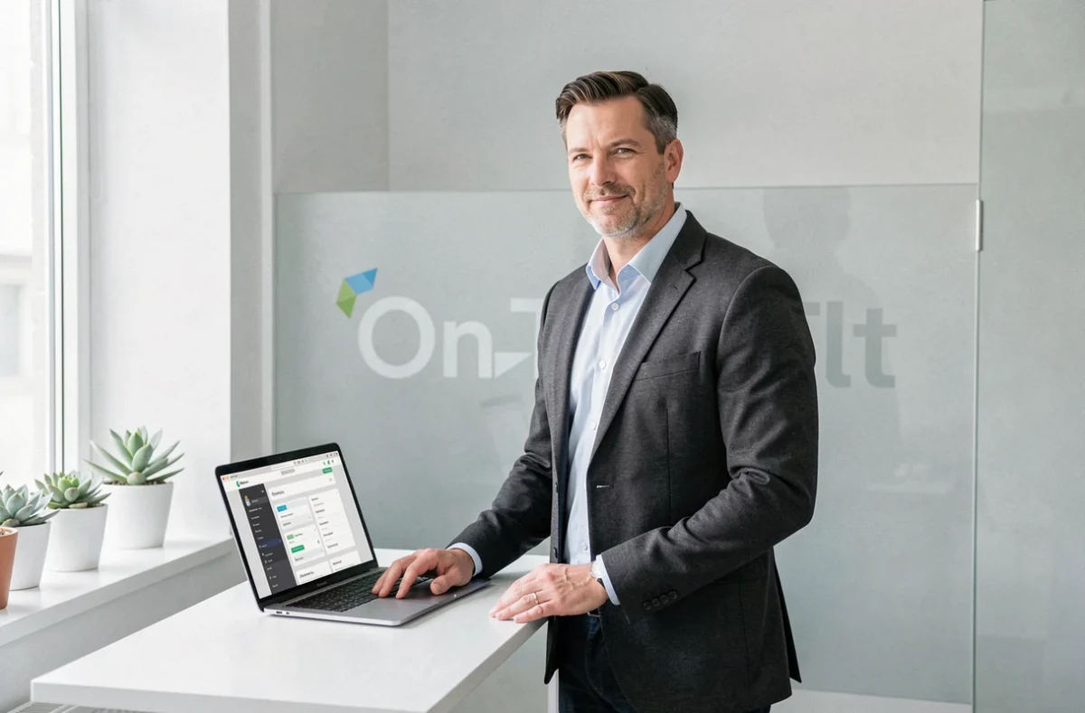 Spécialiste en acquisition de talents OneTilt travaillant sur une plateforme de matching dans un bureau épuré