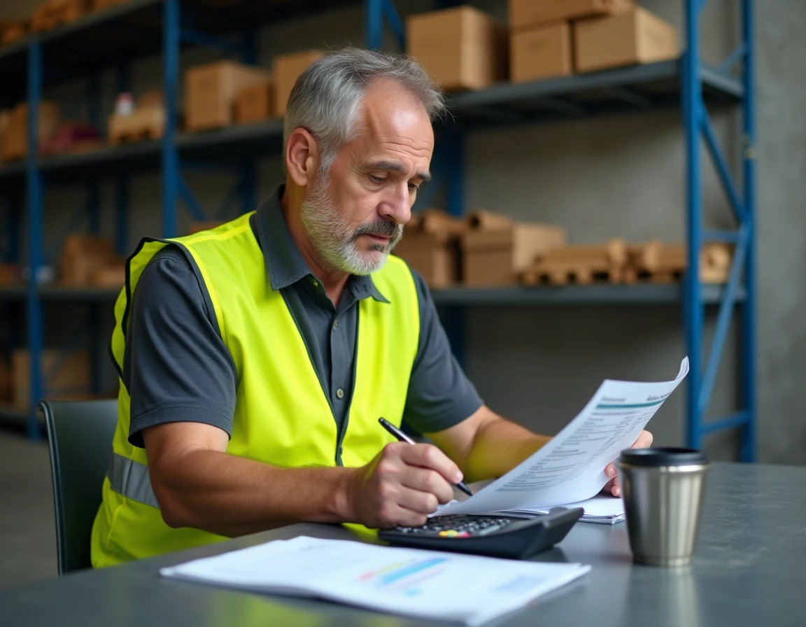 Ouvrier d'usine en pause de nuit analysant son bulletin de paie avec une calculatrice