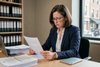 Femme d'affaires examinant des documents réglementaires liés à une entreprise pharmaceutique controversée, risques pour les particuliers