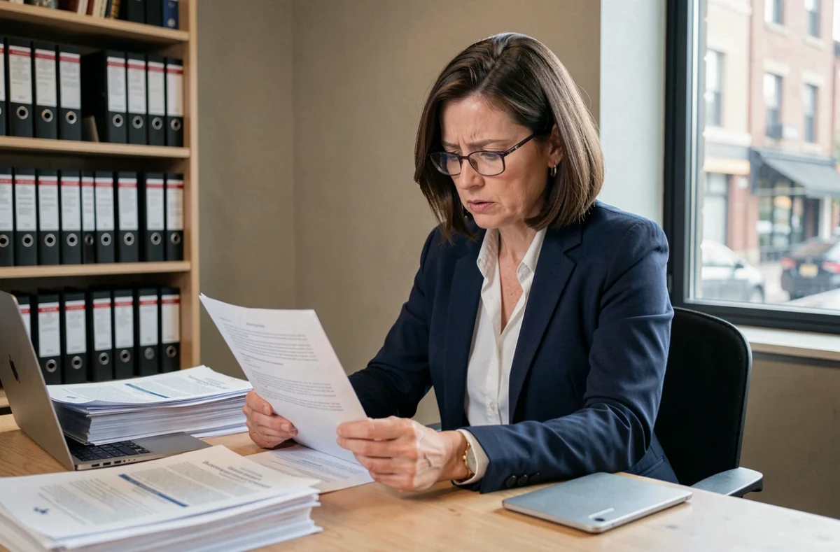 Femme d'affaires examinant des documents réglementaires liés à une entreprise pharmaceutique controversée, risques pour les particuliers