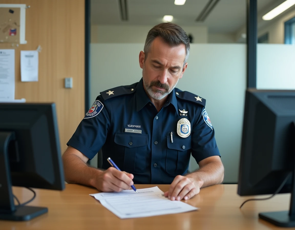Agent de police en uniforme rédige un rapport d'incident de vol récurrent en magasin dans un commissariat