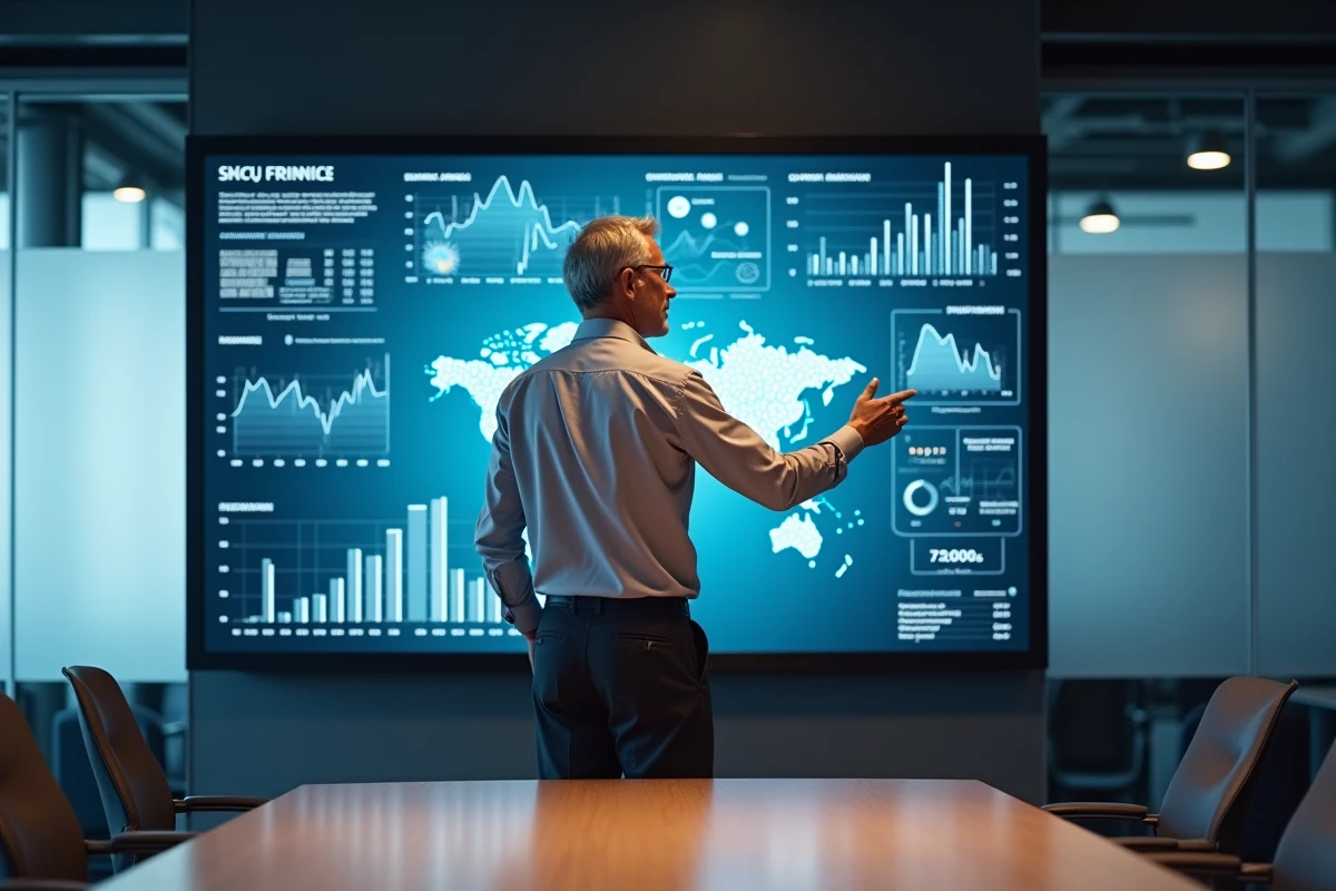 Directeur territorial présentant des données économiques clés sur un écran interactif en salle de réunion