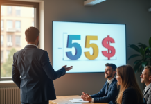 Professionnel confiant donnant une présentation dans un bureau lumineux