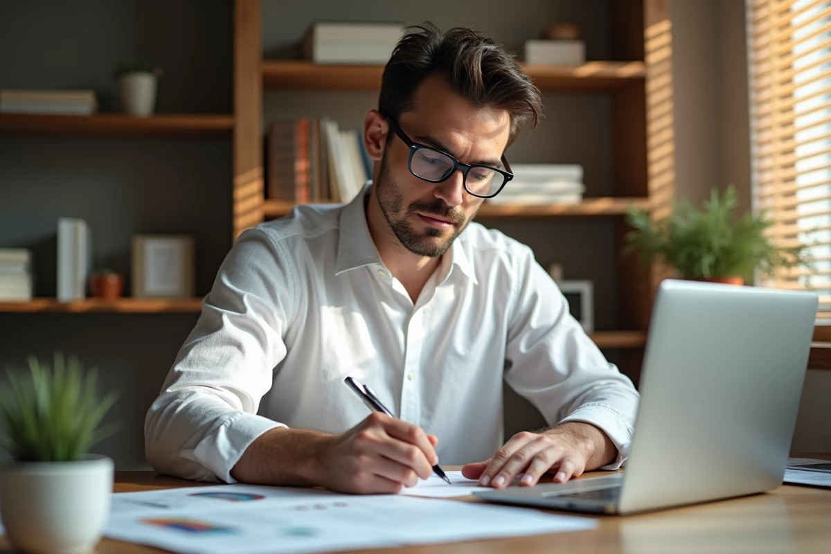 Homme professionnel annotant des clauses de congé d'été sur un document imprimé dans un bureau à domicile
