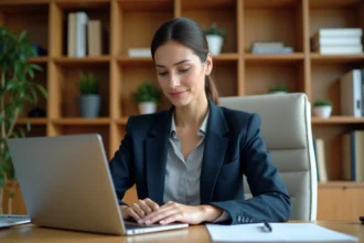 Professionnelle libérale gérant ses rendez-vous payants sur un logiciel de planification en ligne depuis son bureau moderne