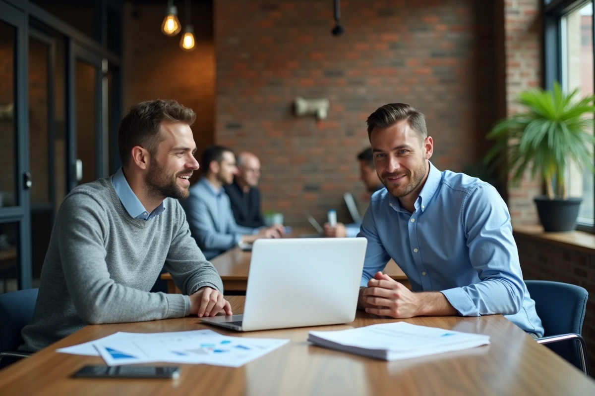 Deux professionnels collaborant sur une plateforme B2B digitale dans un espace de coworking moderne pour développer des partenariats commerciaux