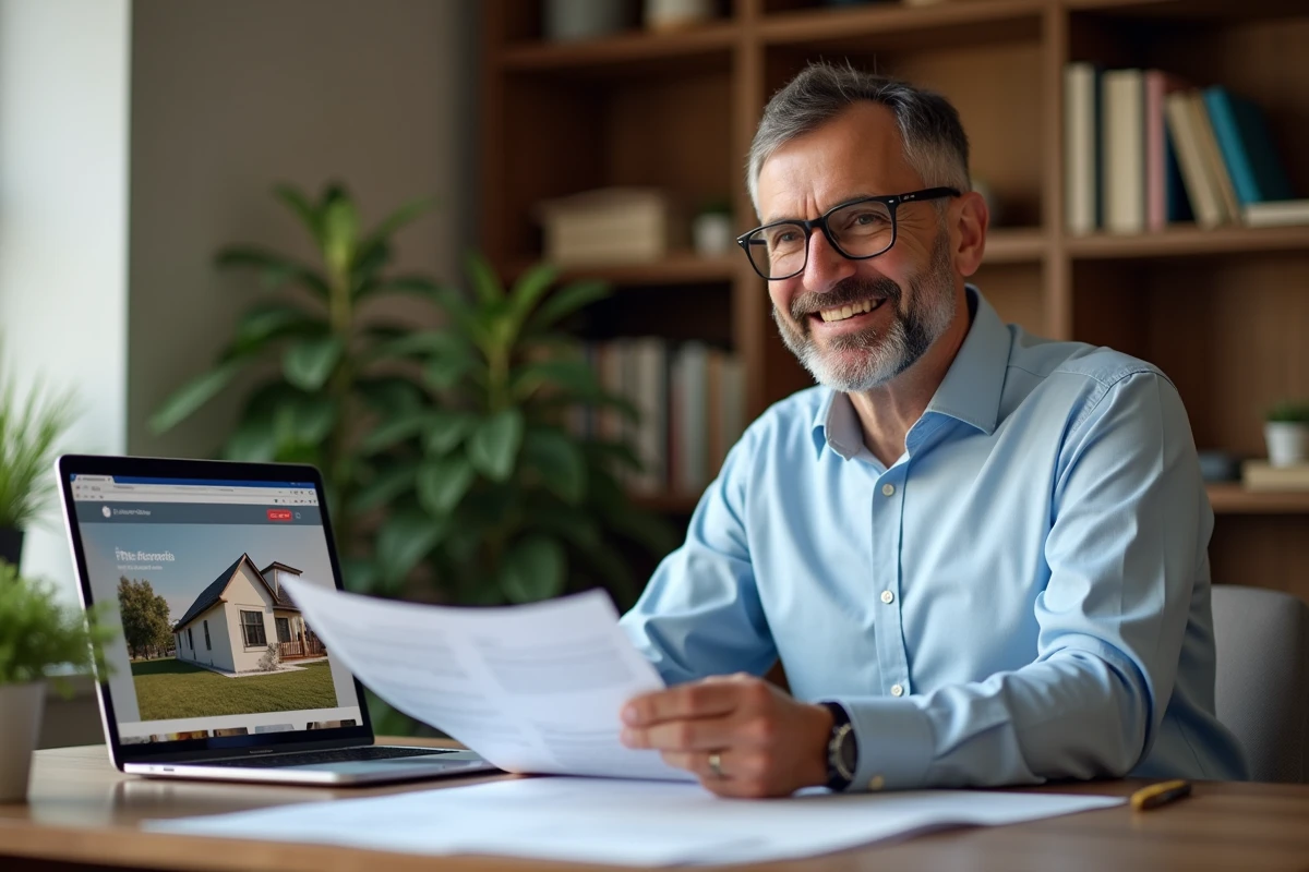Propriétaire consultant une plateforme d'expertise immobilière en ligne depuis son bureau à domicile