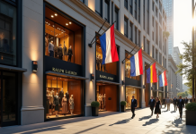 Façade d'une boutique Ralph Lauren élégante en ville avec drapeaux