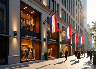 Ralph Lauren : position sur Israël et engagements sociétaux à l’international Façade d'une boutique Ralph Lauren élégante en ville avec drapeaux