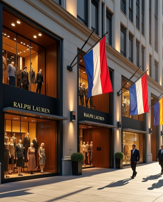 Façade d'une boutique Ralph Lauren élégante en ville avec drapeaux