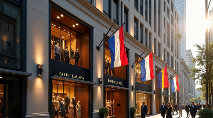 Façade d'une boutique Ralph Lauren élégante en ville avec drapeaux