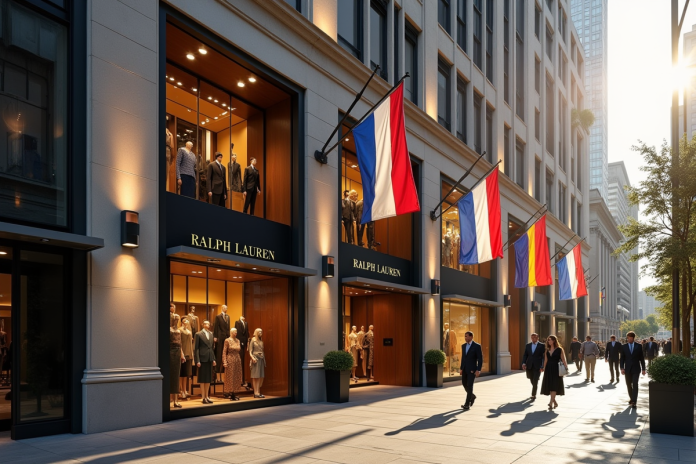 Façade d'une boutique Ralph Lauren élégante en ville avec drapeaux