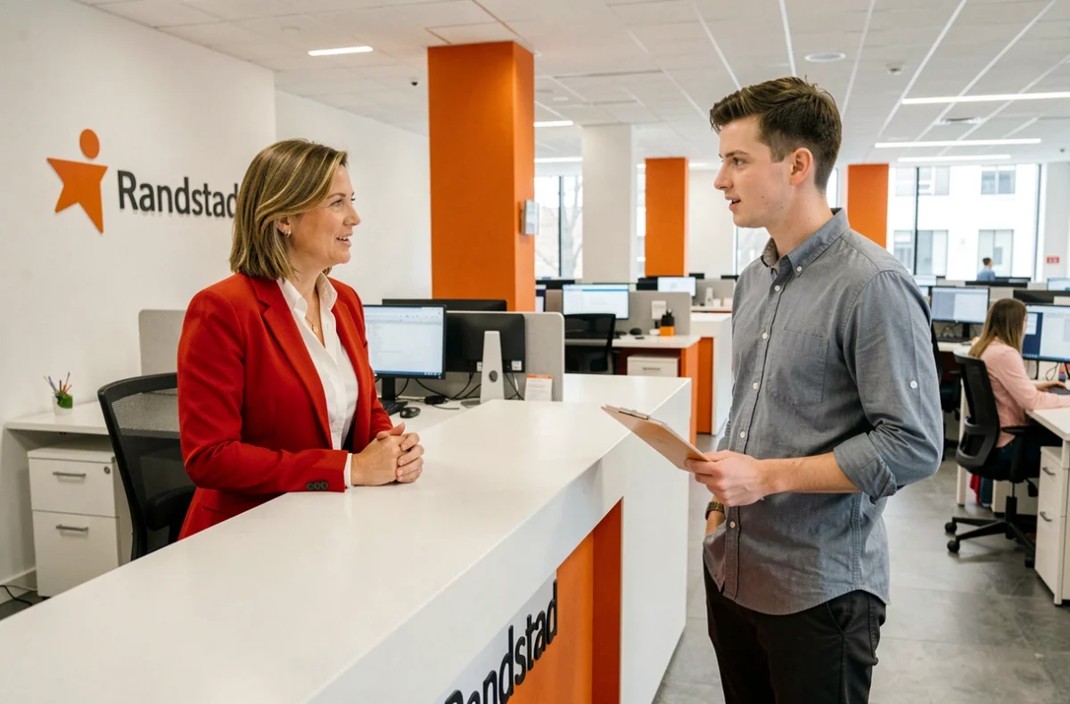 Recruteuse Randstad Yvelines accueillant un candidat dans une agence moderne aux couleurs de la marque
