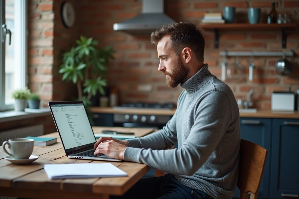 Entrepreneur consultant le registre des entreprises en ligne sur un ordinateur portable depuis son bureau à domicile