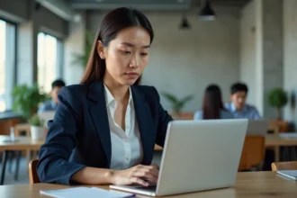 Femme professionnelle rédigeant un courriel formel sur son ordinateur portable dans un bureau moderne en 2026